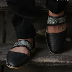 Handmade Black Printed Raxine Sandle-Style Groom Jutti