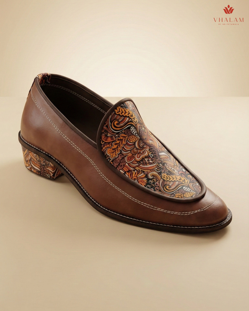 Handcrafted Maharaja Printed Brown Wedding Loafers
