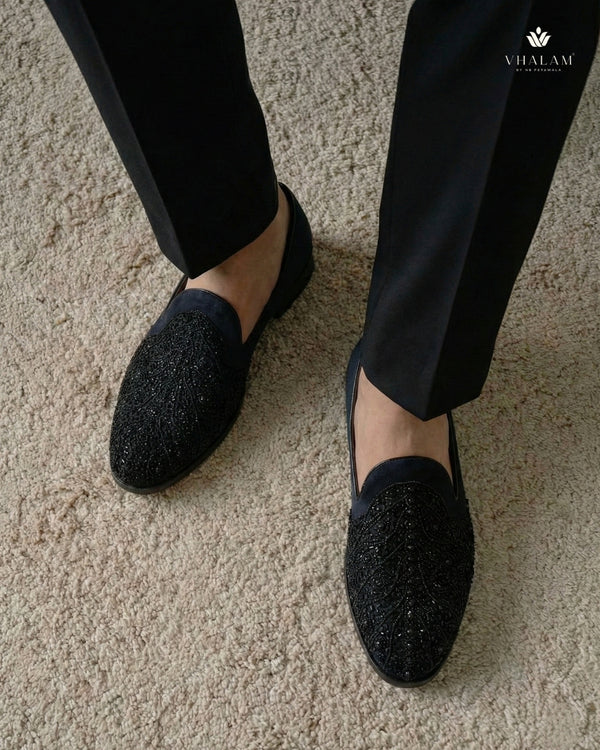 Nightjar Midnight Suede Hand-Beaded Lattice Loafers