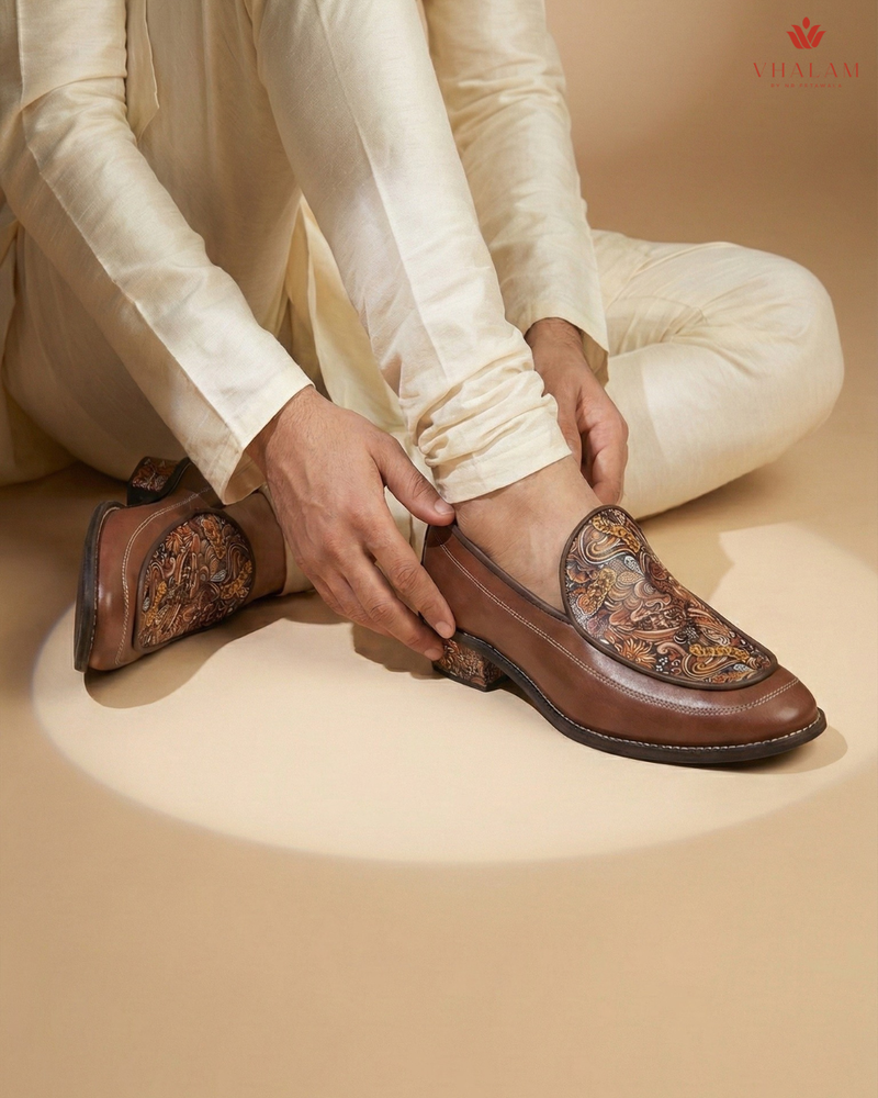 Handcrafted Maharaja Printed Brown Wedding Loafers