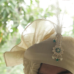 Classic Light Gold Groom Turban with Kundan Brooch & Feather