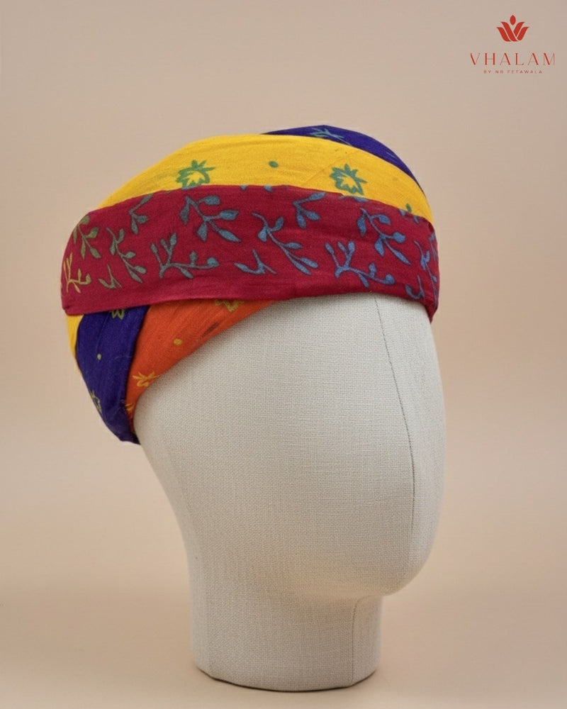 Vibrant Tri-Color Floral Block Print Rajasthani Pagdi