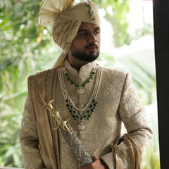 Classic Light Gold Groom Turban with Kundan Brooch & Feather