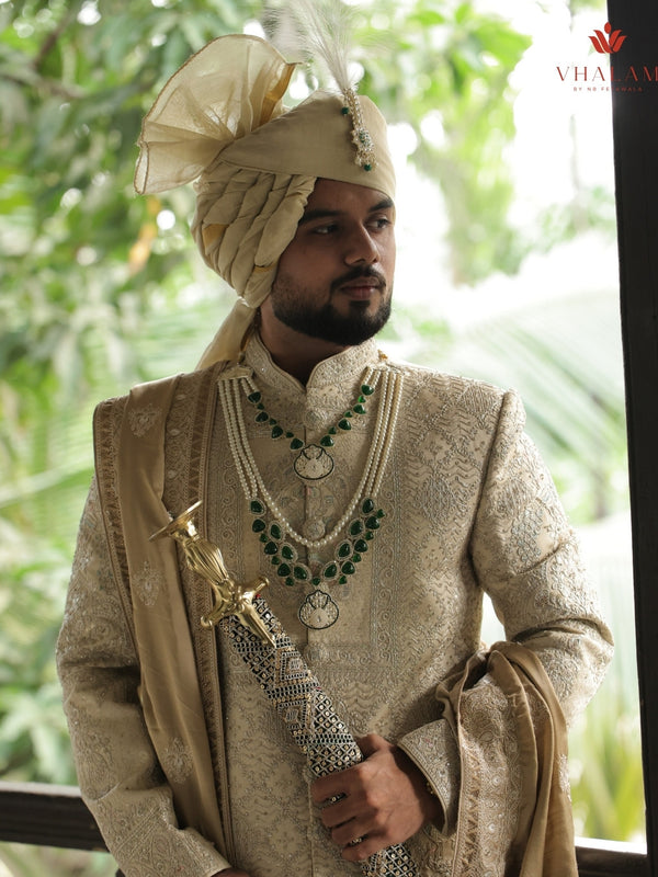Classic Light Gold Groom Turban with Kundan Brooch & Feather