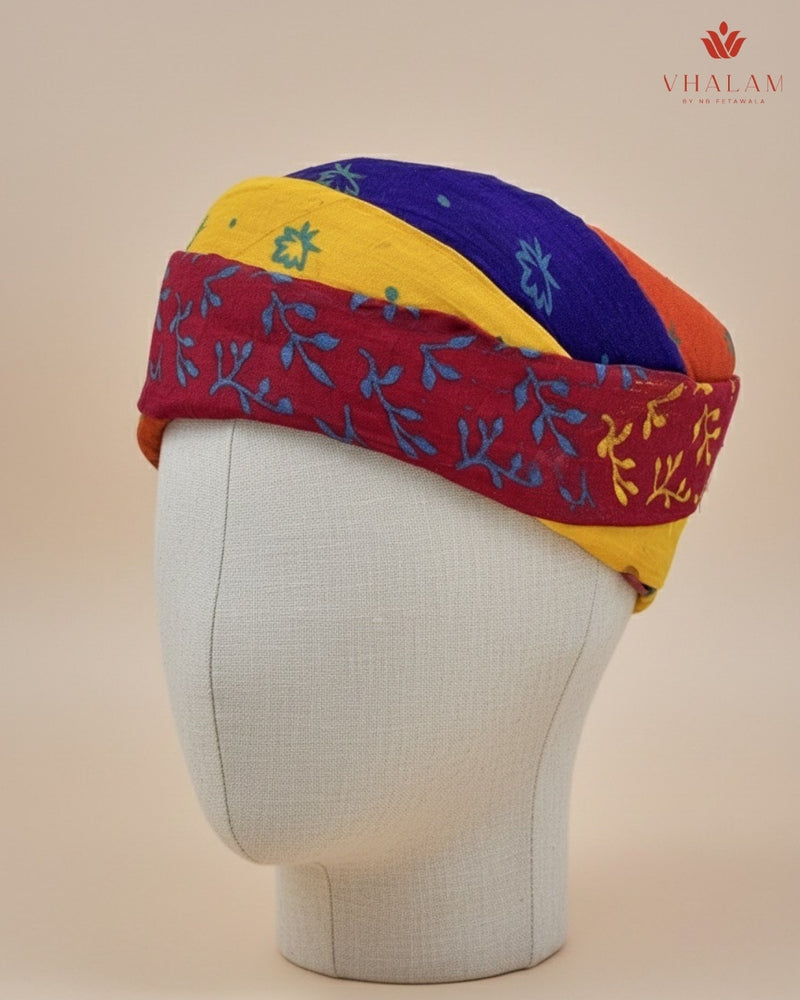 Vibrant Tri-Color Floral Block Print Rajasthani Pagdi