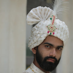 Cream Gold Patterned Groom Turban with Multi-Stone Brooch