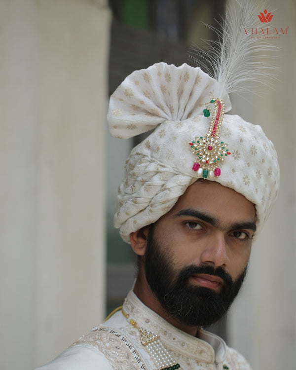 Cream Gold Patterned Groom Turban with Multi-Stone Brooch
