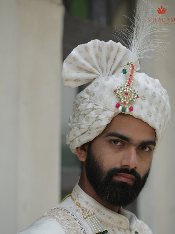 Cream Gold Patterned Groom Turban with Multi-Stone Brooch