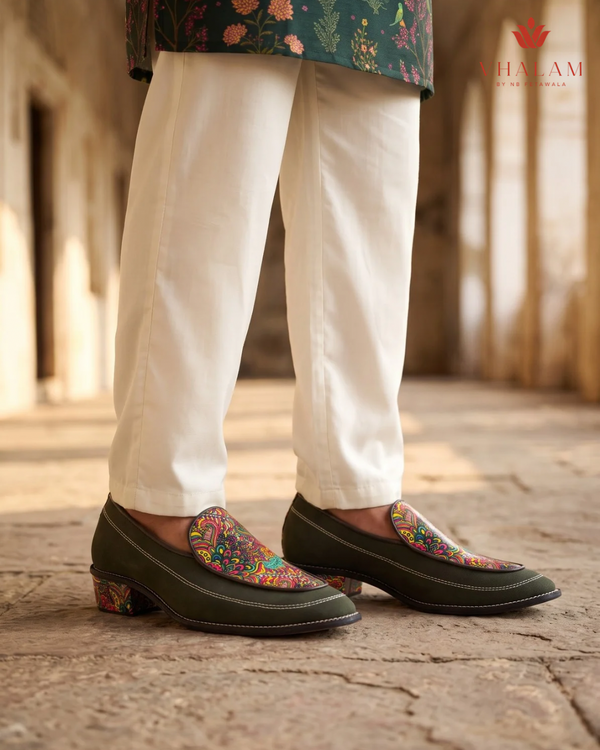 Handcrafted Maharaja Printed Green Wedding Loafers