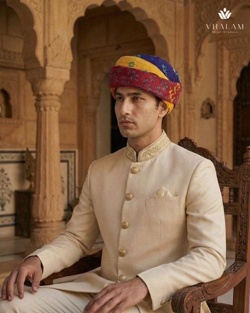 Vibrant Tri-Color Floral Block Print Rajasthani Pagdi