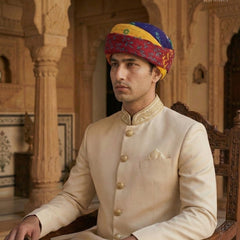 Vibrant Tri-Color Floral Block Print Rajasthani Pagdi