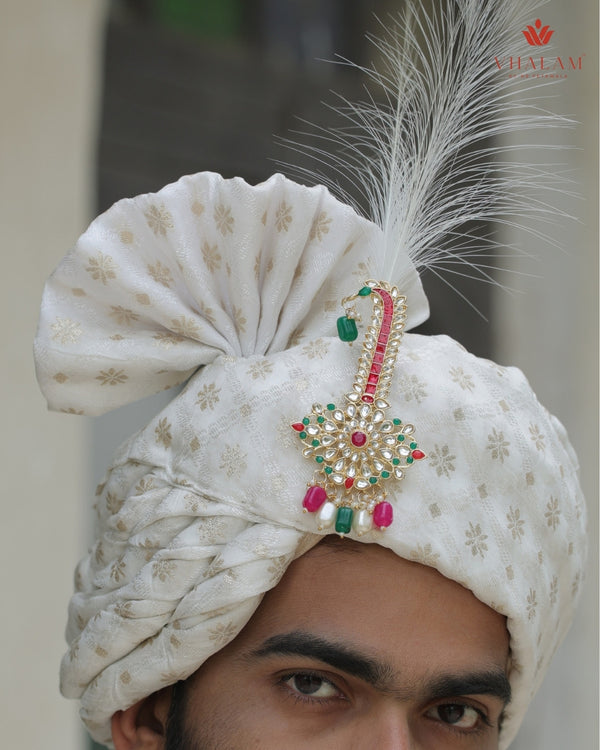 Cream Gold Patterned Groom Turban with Multi-Stone Brooch