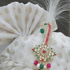 Cream Gold Patterned Groom Turban with Multi-Stone Brooch