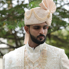 Peach Embroidered Groom Turban with Pearls & Brooch