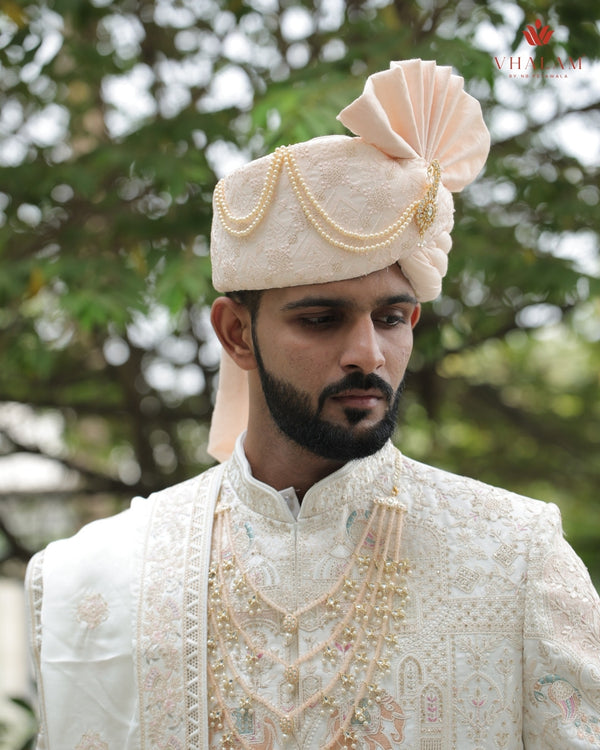Peach Embroidered Groom Turban with Pearls & Brooch