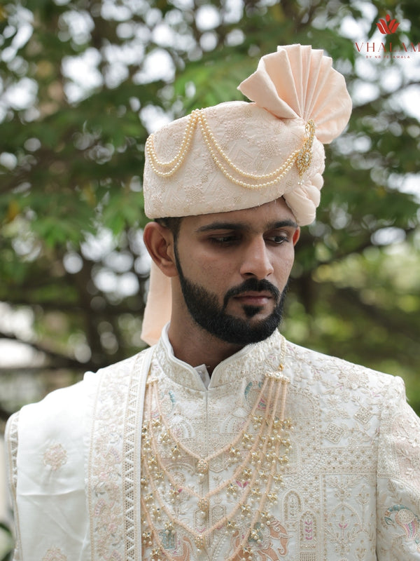 Peach Embroidered Groom Turban with Pearls & Brooch