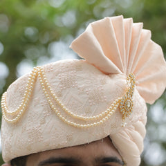 Peach Embroidered Groom Turban with Pearls & Brooch