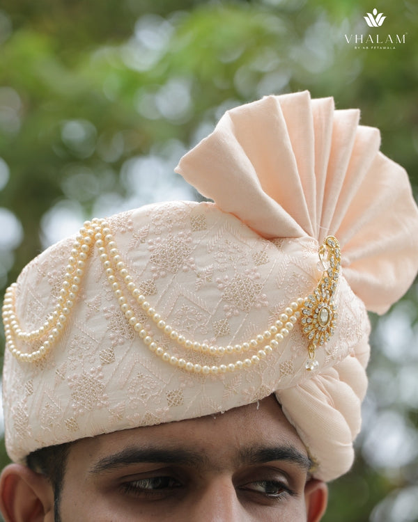 Peach Embroidered Groom Turban with Pearls & Brooch
