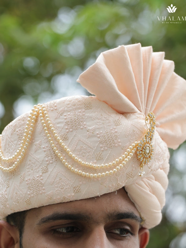 Peach Embroidered Groom Turban with Pearls & Brooch