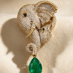 Gold Elephant Brooch With Emerald Green Stone