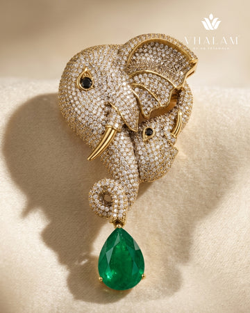 Gold Elephant Brooch With Emerald Green Stone