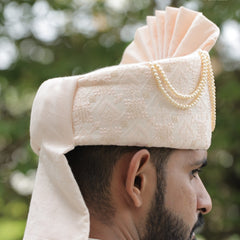 Peach Embroidered Groom Turban with Pearls & Brooch