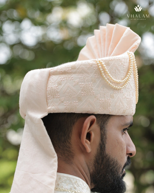 Peach Embroidered Groom Turban with Pearls & Brooch