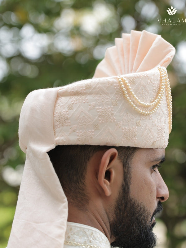Peach Embroidered Groom Turban with Pearls & Brooch