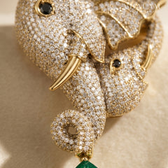 Gold Elephant Brooch With Emerald Green Stone