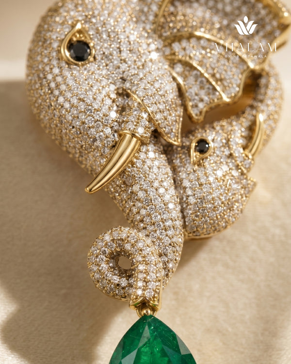 Gold Elephant Brooch With Emerald Green Stone