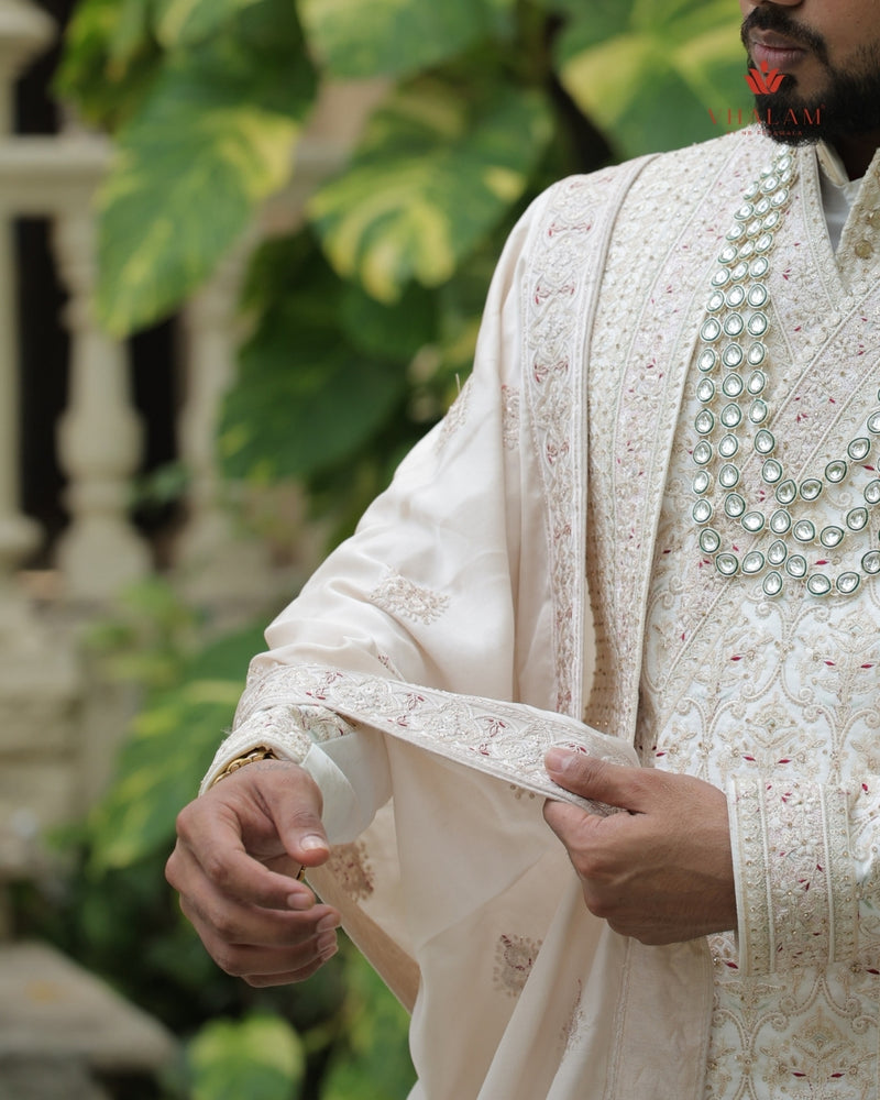 Traditional Ivory Shawl with Subtle Red Highlights