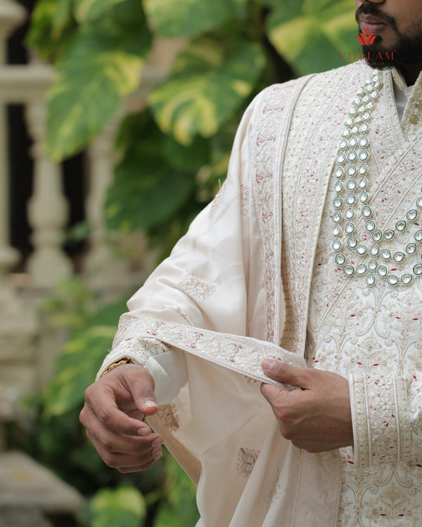 Traditional Ivory Shawl with Subtle Red Highlights