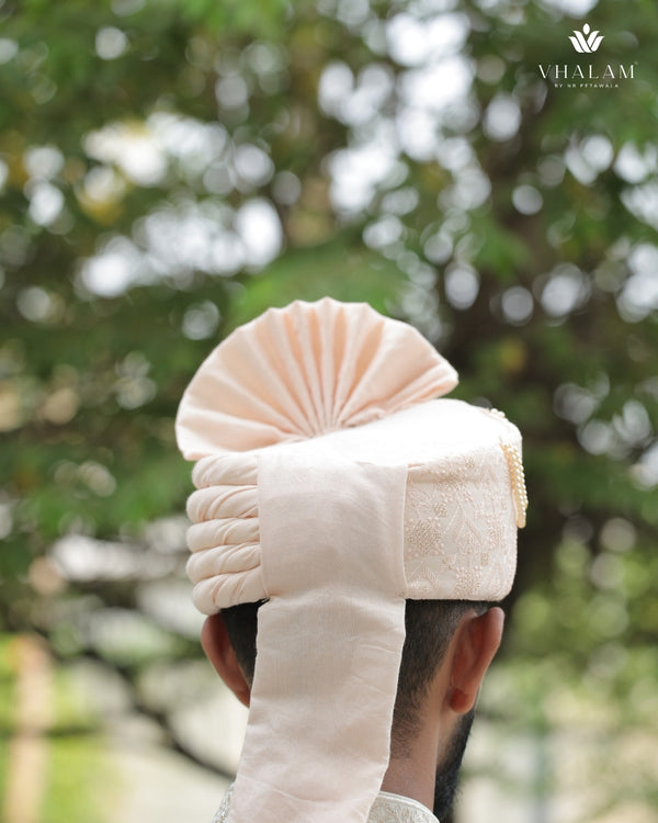 Peach Embroidered Groom Turban with Pearls & Brooch