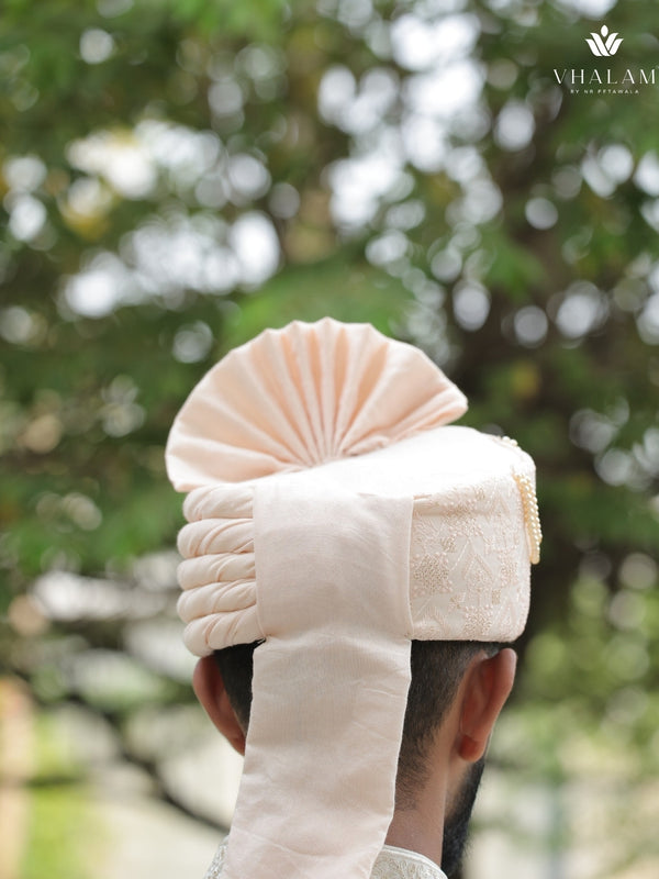 Peach Embroidered Groom Turban with Pearls & Brooch