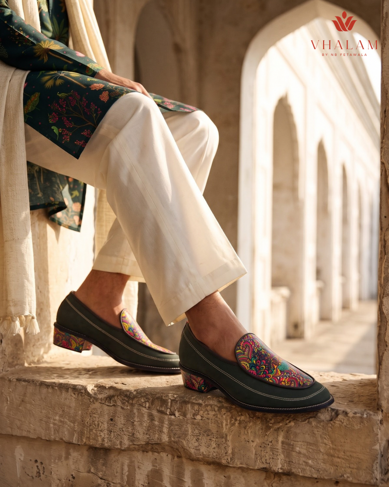 Handcrafted Maharaja Printed Green Wedding Loafers