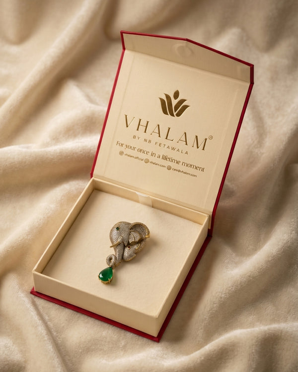 Gold Elephant Brooch With Emerald Green Stone