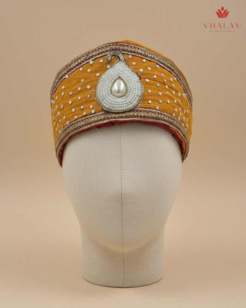 Mustard Yellow Wedding Pagdi with Pearl Kalgi & Sequin Work