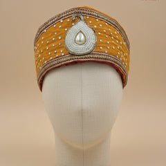 Mustard Yellow Wedding Pagdi with Pearl Kalgi & Sequin Work
