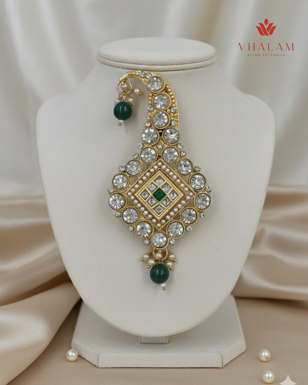 Classic Crystal Green Polki Turban Brooch