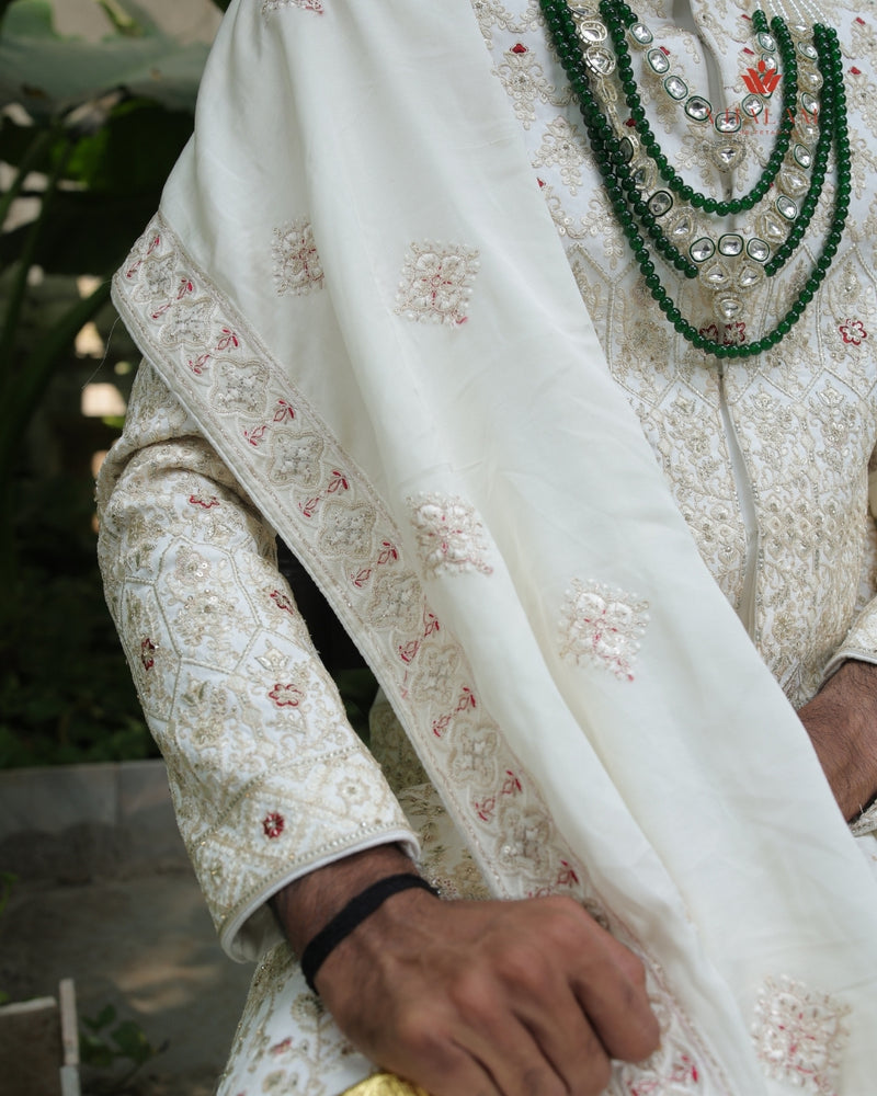 Elegant Cream Shawl with Subtle Red Floral Motifs