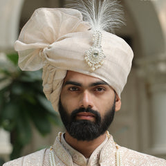 Classic Beige Golden Groom Turban with Diamond Brooch & Feather
