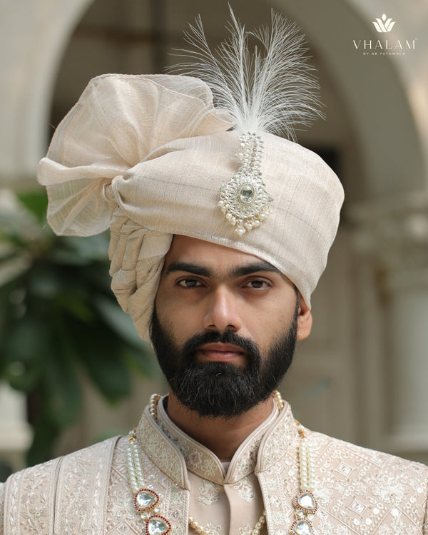Classic Beige Golden Groom Turban with Diamond Brooch & Feather