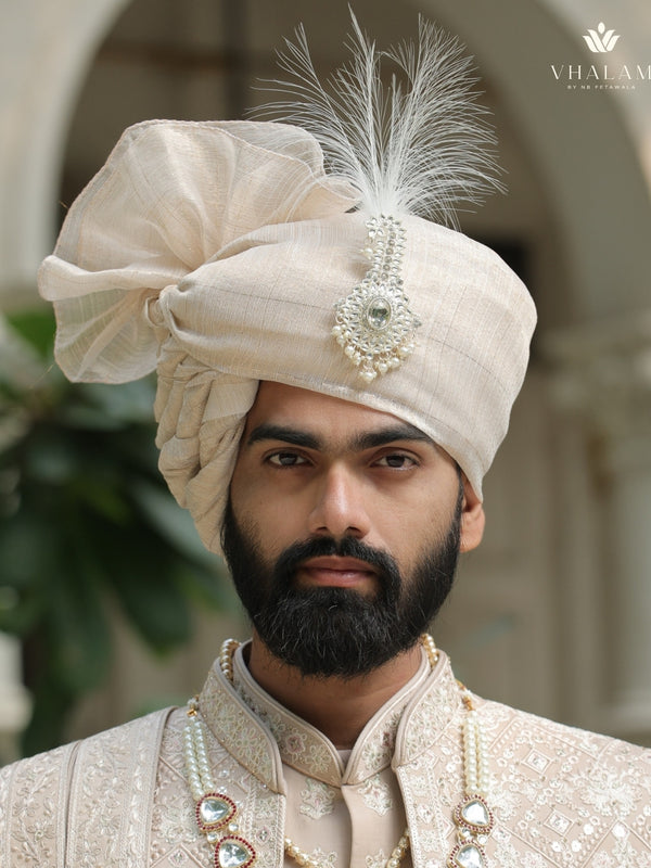 Classic Beige Golden Groom Turban with Diamond Brooch & Feather