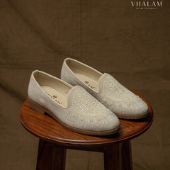 Sandgrouse Hand-Beaded Shield Motif Suede Loafers