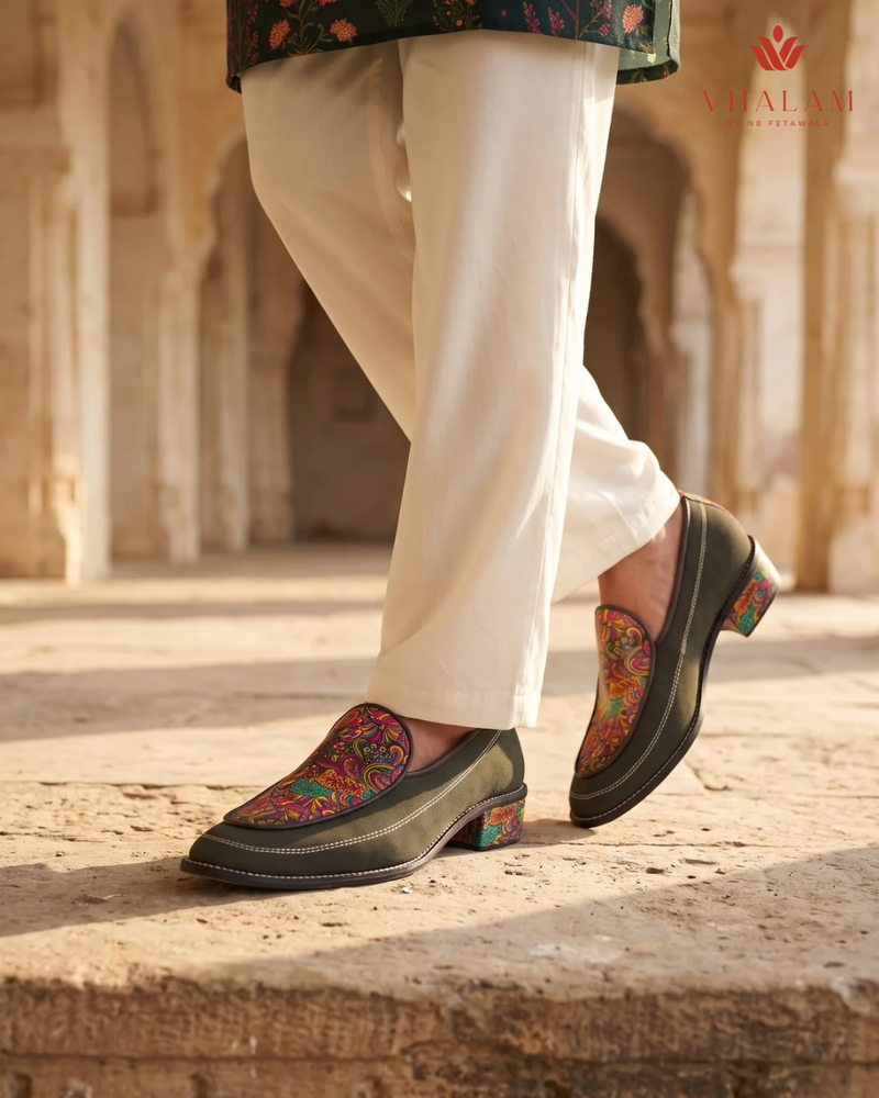Handcrafted Maharaja Printed Green Wedding Loafers