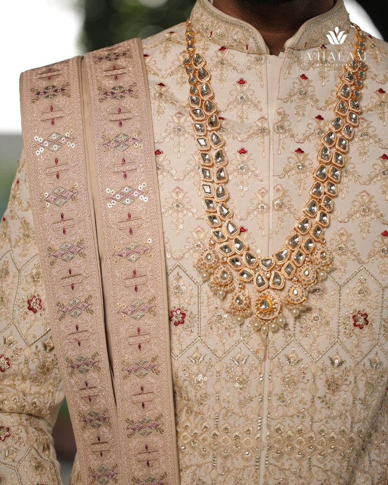 Light Pink Beige Embroidered Groom Dupatta with Subtle Pastel Detailing