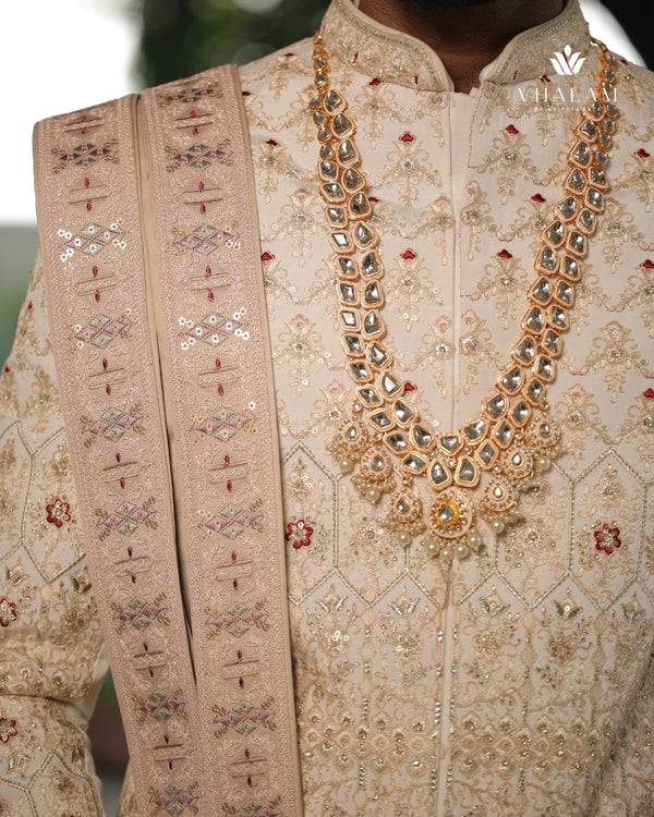 Light Pink Beige Embroidered Groom Dupatta with Subtle Pastel Detailing