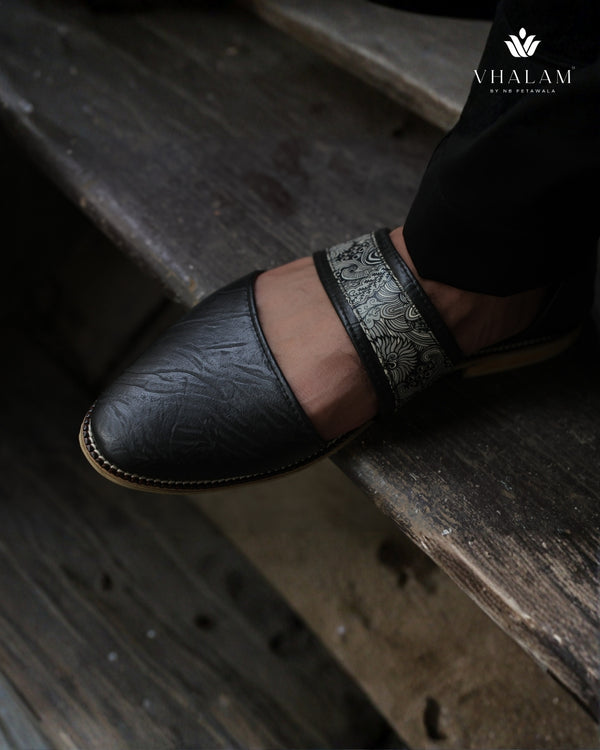 Handmade Black Printed Raxine Sandle-Style Groom Jutti