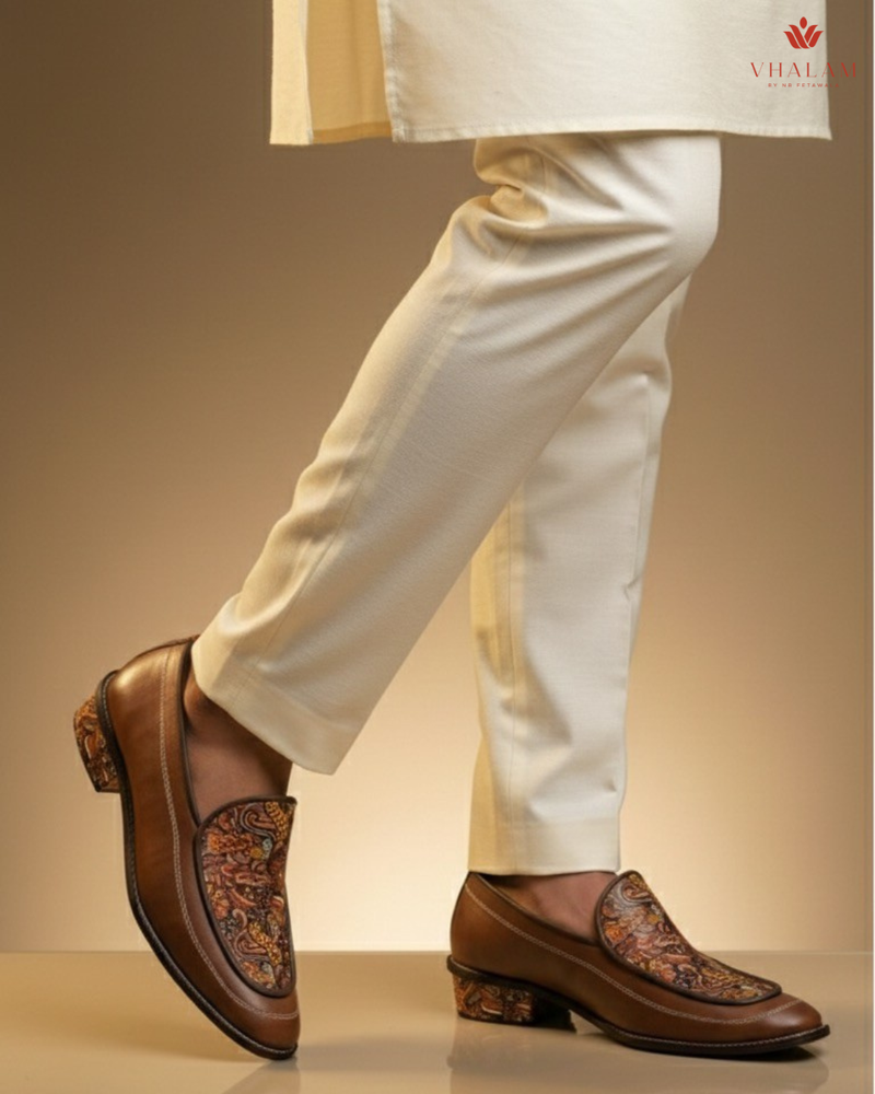 Handcrafted Maharaja Printed Brown Wedding Loafers