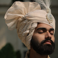 Classic Beige Golden Groom Turban with Diamond Brooch & Feather